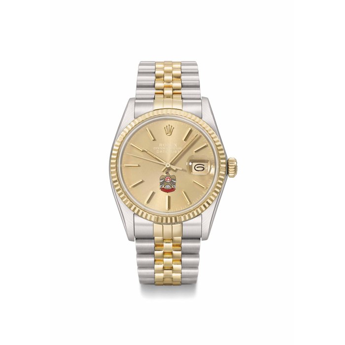Rolex. A fine and very rare stainless steel and 18K gold automatic wristwatch with sweep centre seconds, date, bracelet and Garantie, made for the United Arab Emirates. SIGNED ROLEX, OYSTER PERPETUAL, DATEJUST, REF. 16013, CASE NO. 8'400'776, CIRCA 1984