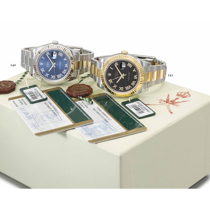 Rolex. A fine and large stainless steel and 18K gold automatic wristwatch with date, sweep centre seconds, engraved case back, bracelet, Garantie and box, made for the Sultanate of Oman SIGNED ROLEX, OYSTER PERPETUAL, DATEJUST, DATEJUST II MODEL, REF. 116333, CASE NO. 90LR4404, CIRCA 2013