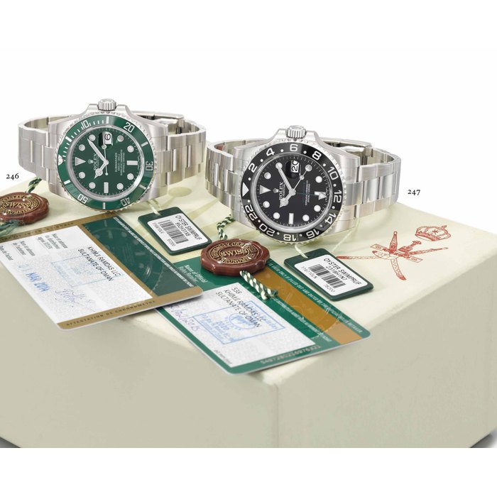 Rolex. A fine and very rare stainless steel dual time automatic wristwatch with date, engraved case back, bracelet, Garantie, and box, made for the Sultanate of Oman SIGNED ROLEX, OYSTER PERPETUAL DATE, GMT-MASTER II, REF. 116710LN, CASE NO. 2318H1N7, CIRCA 2014