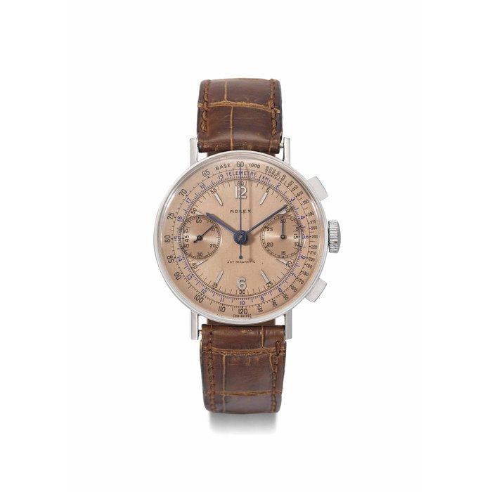 Rolex. An exceptional and very attractive stainless steel chronograph wristwatch with pink dial SIGNED ROLEX, ANTIMAGNETIC, REF. 3666, CASE NO. 041'914, CIRCA 1938