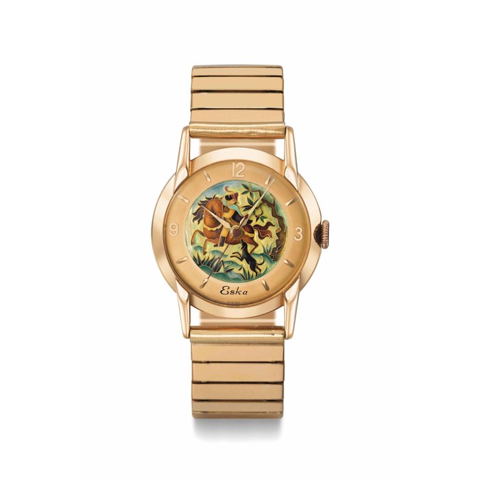 Eska. A very and extremely attractive 18K pink gold automatic wristwatch with cloisonné enamel dial, sweep centre seconds and bracelet SIGNED ESKA, CASE NO. 127'357, CIRCA 1955