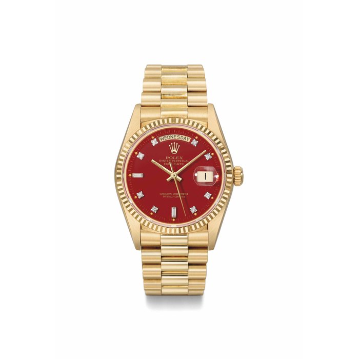 Rolex. A very fine and attractive 18K gold and diamond-set automatic wristwatch with day, date, sweep centre seconds, red lacquer dial and bracelet SIGNED ROLEX, OYSTER PERPETUAL, DAY-DATE, REF. 18038, CASE NO. 9'104'988 CIRCA 1985