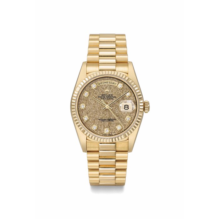 Rolex. A very rare and unusual 18K gold and diamond-set automatic sweep-centre seconds calendar wristwatch with bracelet and petrified fossil hard stone dial SIGNED ROLEX, OYSTER PERPETUAL DAY-DATE, REF. 18238, CASE NO. X 664419, CIRCA 1991
