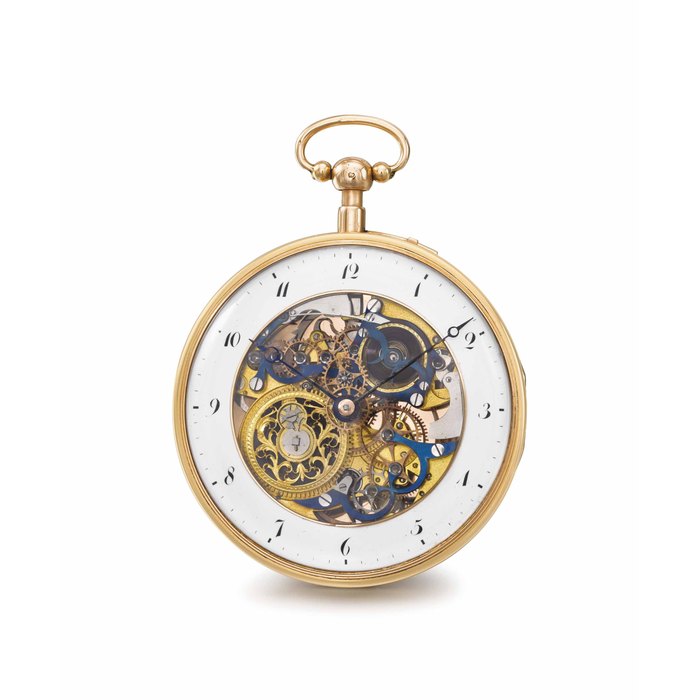 Swiss. A rare and decorative 18K pink gold skeletonized quarter repeating keywound cylinder watch UNSIGNED, CASE STAMPED FLB AND NUMBERED 2763, CIRCA 1820