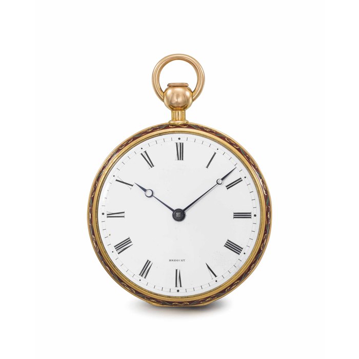 Breguet No. 1795/4384 "Montre à répétition turque, boite et étui or émaillés rouge, cuvette or avec équation, échappement Duplex". A highly important and unique 20K gold, paillons and enamel openface quarter repeating pair case cabriolet watch with duplex escapement, chronometer balance, the cuvette engraved with equation of time, made for the Turkish market SIGNED BREGUET, NOS. 1795/4384, CASE NO. 2958, SOLD ON 31 DECEMBER 1810 VIA MOREAU/MAISON DE RUSSIE APPARENTLY TO TSAR ALEXANDER I FOR THE