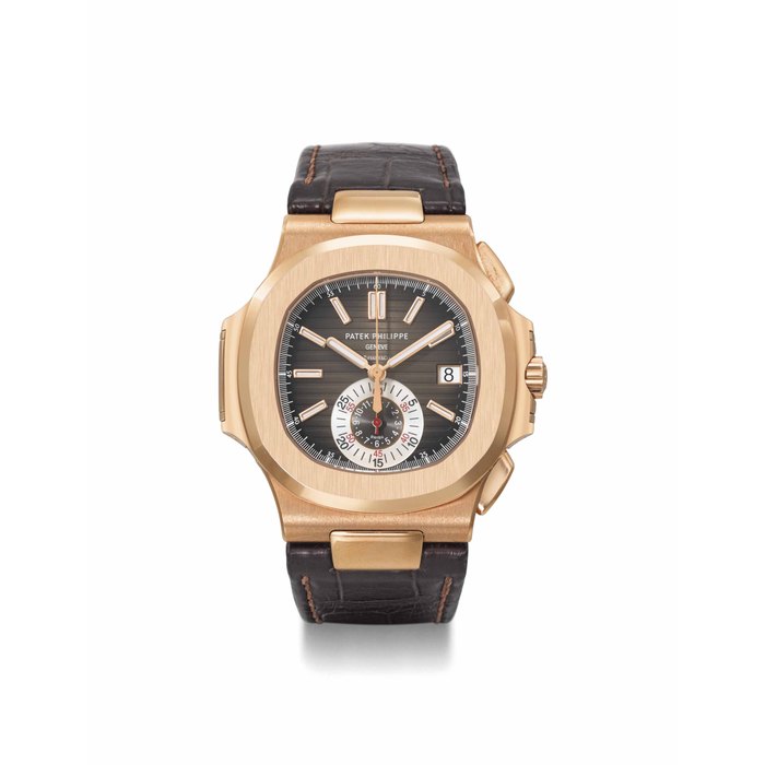 Patek Philippe. A large 18K pink gold automatic flyback chronograph wristwatch and date SIGNED PATEK PHILIPPE, GENEVE, NAUTILUS MODEL, RETAILED BY TIFFANY & CO., REF. 5980, MOVEMENT NO. 5'596'052, CIRCA 2011