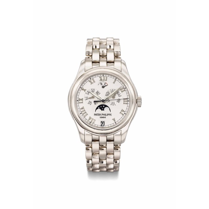 Patek Philippe. A fine 18K white gold automatic annual calendar wristwatch with sweep centre seconds, power reserve, moon phases, bracelet, certificate and box SIGNED PATEK PHILIPPE, GENEVE, REF. 5036/1, MOVEMENT NO. 3'286'086, CASE NO. 4'146'146, MANUFACTURED IN 2001