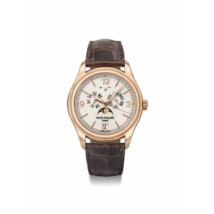 Patek Philippe. A fine and rare 18K pink gold annual calendar automatic wristwatch with sweep centre seconds, moon phases and power reserve SIGNED PATEK PHILIPPE, GENEVE, REF. 5146R, MOVEMENT NO. 3'802'666, CASE NO. 4'417'608, MANUFACTURED IN 2009