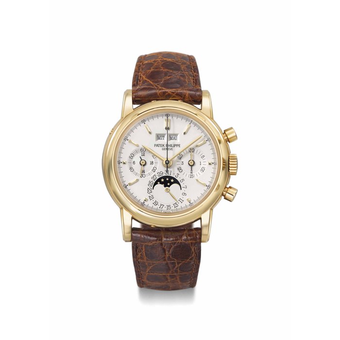 Patek Philippe. A very fine and rare 18K gold perpetual calendar chronograph wristwatch with moon phases, second case back, Certificate and box SIGNED PATEK PHILIPPE, GENEVE, REF. 3970E, MOVEMENT NO. 876'468, CASE NO. 2'928'165, MANUFACTURED IN 1993