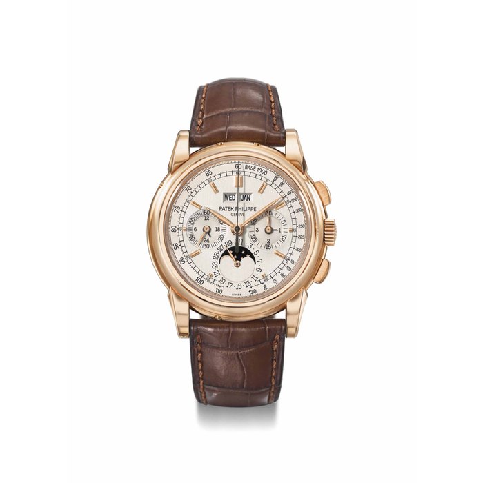 Patek Philippe. A fine, large and rare 18K pink gold perpetual calendar chronograph wristwatch with moon phases, 24 hours indication, additional case back, setting pin, sales tag, original Certificate and box SIGNED PATEK PHILIPPE, GENEVE, REF. 5970, MOVEMENT NO. 3'048'394, CASE NO. 4'381'408, MANUFACTURED IN 2006