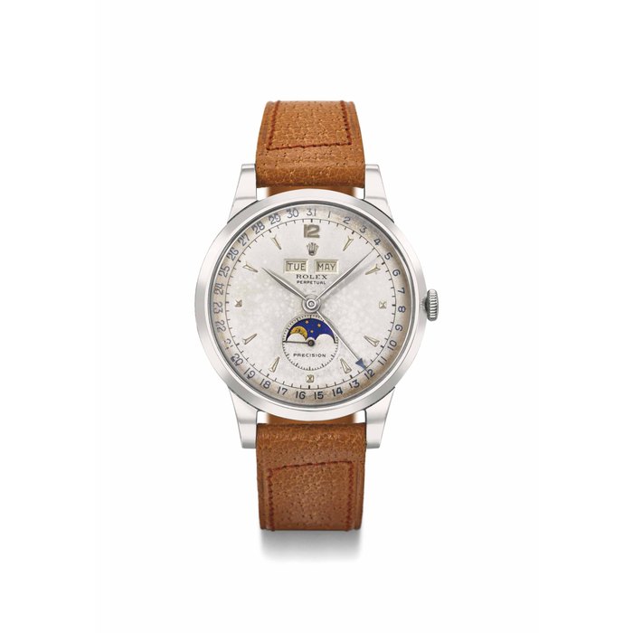Rolex. A fine, rare and large stainless steel automatic triple calendar wristwatch with moon phases SIGNED ROLEX, PERPETUAL, PRECISION, REF. 8171, MOVEMENT NO. 67'090, CASE NO. 686'321 AND 349, MANUFACTURED IN 1950