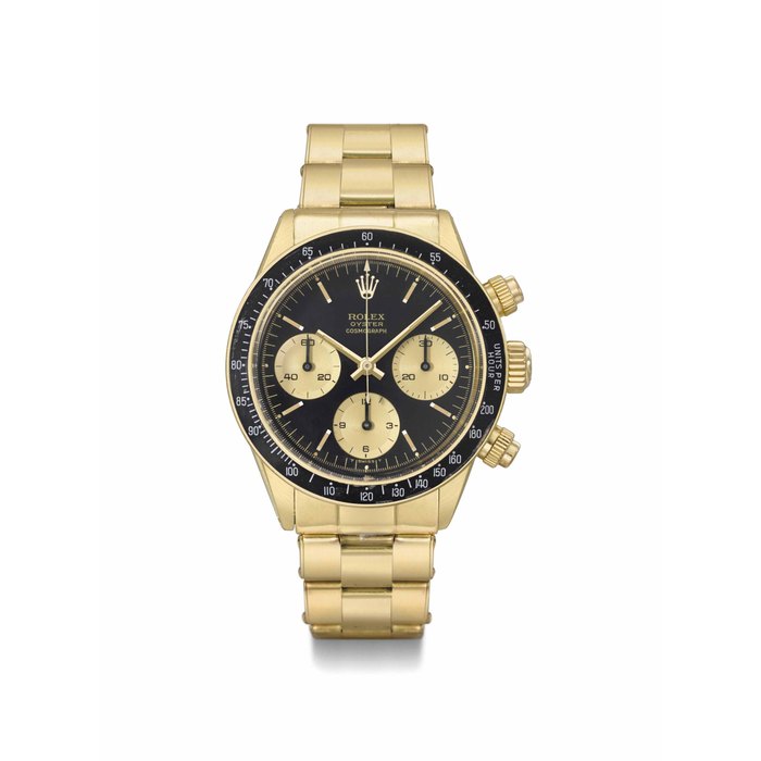 Rolex. A fine and rare 18K gold chronograph wristwatch with bracelet SIGNED ROLEX, OYSTER, COSMOGRAPH, DAYTONA MODEL, REF. 6263, CASE NO. 2'330'472, CIRCA 1970