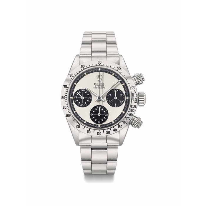 Rolex Rolex. A fine and very rare stainless steel chronograph wristwatch with so-called Panda Paul Newman dial, engraved case back, bracelet and box SIGNED ROLEX, OYSTER, COSMOGRAPH, REF. 6265, CASE NO. 2'849'276, CIRCA 1971 · 6265