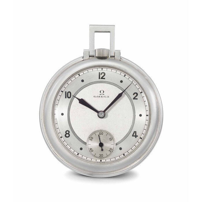 Omega. A fine and rare stainless steel openface keyless lever dress watch with two-tone silvered sector dial and engraved case back Signed Omega, Lépine, ref. CK 1001, movement no. 8'482'032, case no. 8'824'410, manufactured in 1938