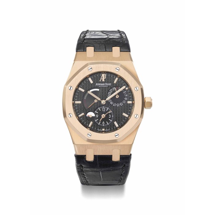 Audemars Piguet. A fine and attractive 18K pink gold dual time dual time automatic wristwatch with power reserve indication, date, Certificat and box Signed Audemars Piguet, Automatic, ref. 26120OR, movement no. 664’646, case no. F89642, circa 2008