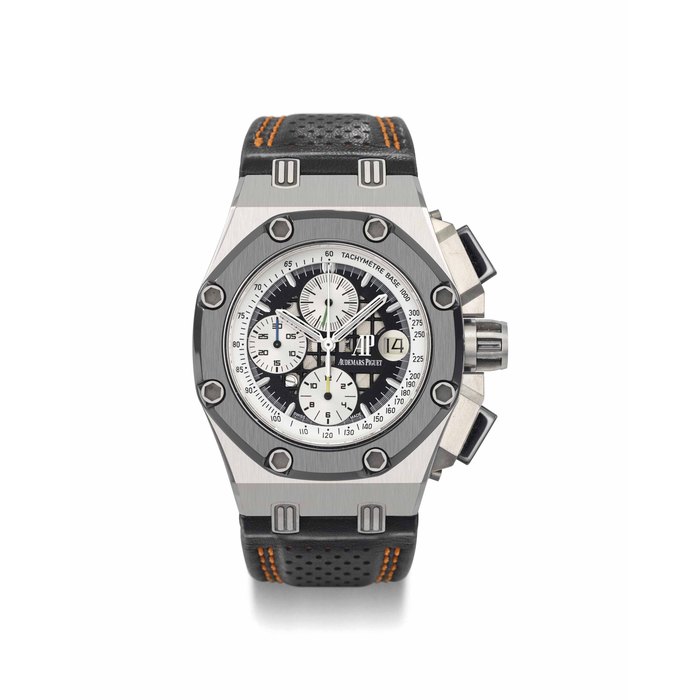 Audemars Piguet. A fine, rare and large titanium and ceramic limited edition automatic chronograph wristwatch with date, Certificate and box Signed Audemars Piguet, Royal Oak Offshore Rubens Barrichello II model, ref. 26078IO, limited edition no. 0856/1000, movement no. 644'655, case no. F73251, circa 2007