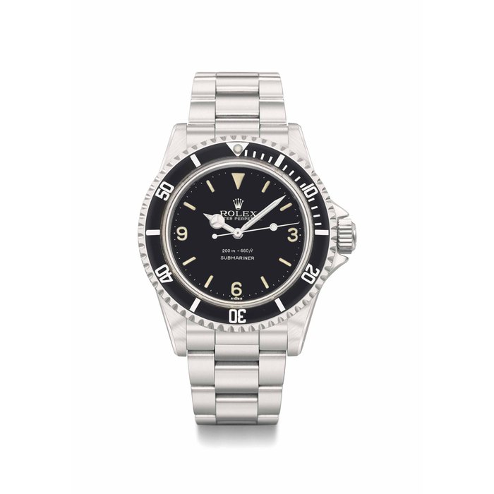 Rolex. A very rare stainless steel automatic wristwatch with sweep centre seconds, black lacquer Explorer 3-6-9 dial with exclamation mark, pointed crown guards, bracelet and box Signed Rolex, Oyster Perpetual, Submariner, 200m=660ft, ref. 5512, case no. 765'308, circa 1960