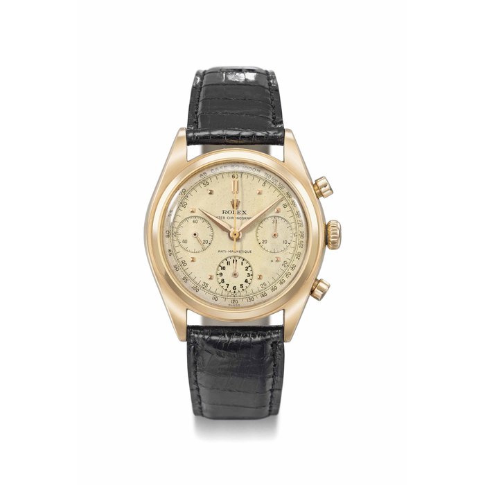 Rolex. A fine, rare and attractive 18K pink gold chronograph wristwatch Signed Rolex, Oyster Chronographe, Anti-magnetique, ref. 6034, case no. 944’146, circa 1954