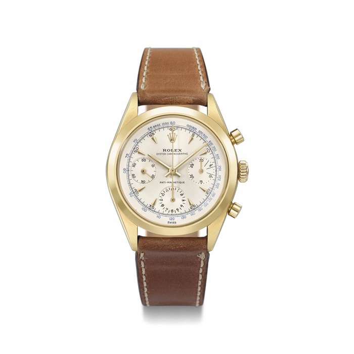 Rolex. A very rare and attractive 18K gold chronograph wristwatch Signed Rolex, Oyster Chronographe, Anti-magnetique, ref. 6238, case no. 1’038’625, circa 1964