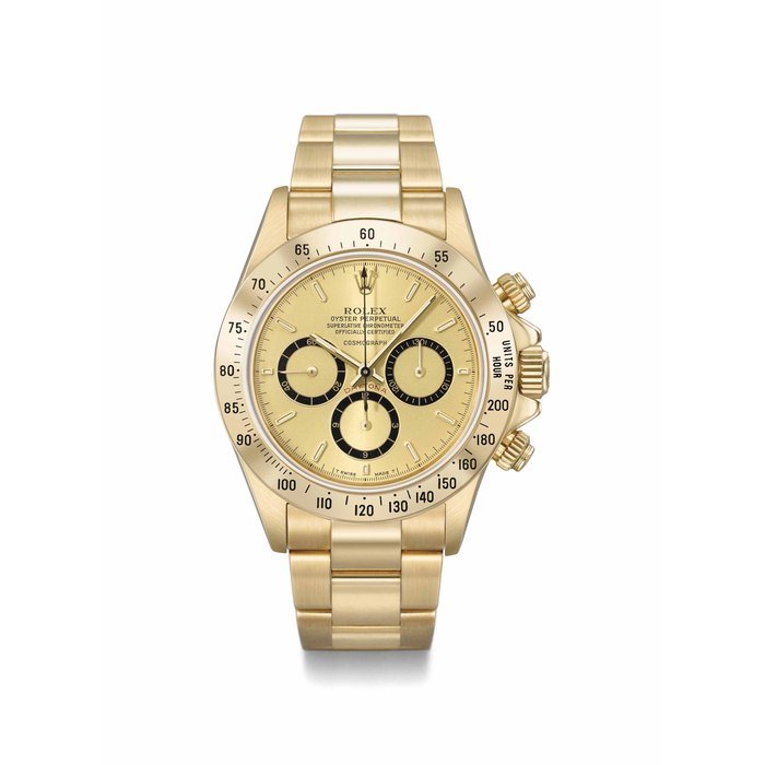 Rolex Rolex. A fine, rare and early 18K gold automatic chronograph wristwatch with champagne dial, bracelet and box Signed Rolex, Oyster Perpetual, Cosmograph, Daytona, ref. 16528, case no. R985722, circa 1987 · 16528
