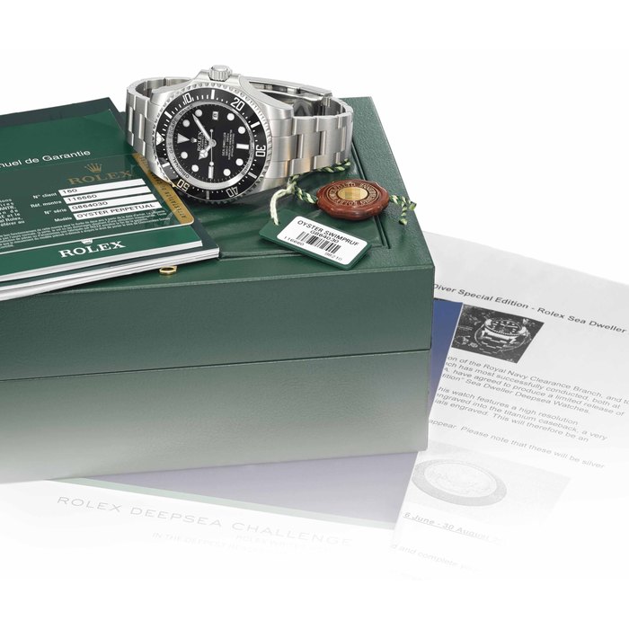 Rolex. A fine and rare stainless steel limited edition automatic wristwatch with sweep centre seconds, date, gas escape valve, engraved case back, bracelet, Garantie and box, made to commemorate the formation of the Royal Navy Clearance Diver Branch Signed Rolex, Oyster Perpetual Date, Deepsea, Sea-Dweller, 12800ft=3900m, ref. 116660, limited edition no. 25, case no. G864030, manufactured in 2013