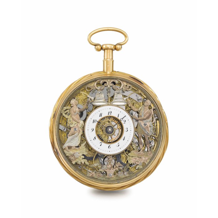 Swiss. A fine 18K gold openface quarter repeating watch with jaquemart automaton Unsigned, case no. 715/4556, circa 1820