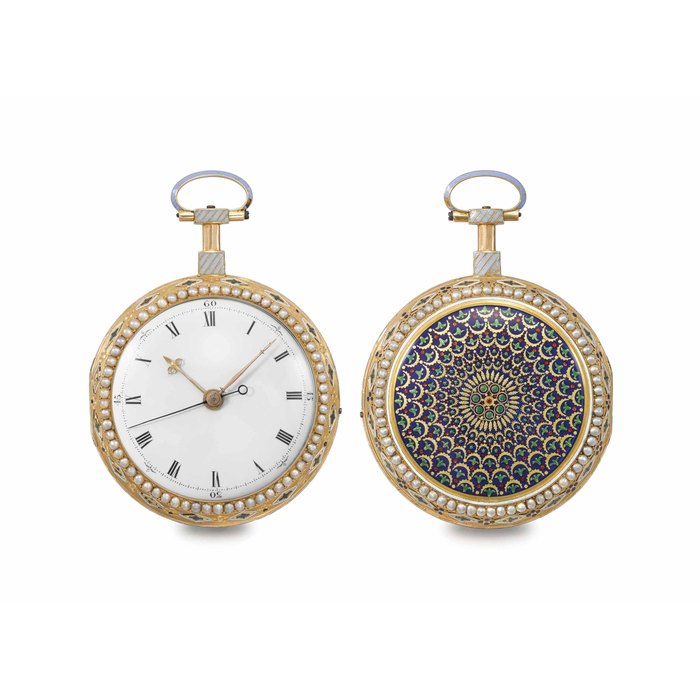 Swiss, attributed to Jaquet-Droz. A fine and rare 18K gold, enamel and pearl-set two train quarter striking clockwatch with centre seconds, made for the Chinese Market Unsigned, circa 1780