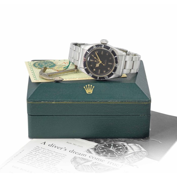 Rolex. A very rare stainless steel automatic wristwatch with sweep centre seconds, bracelet, blank guarantee, Rolex Submariner brochure, Swimpruf Oyster tag, anchor and box Signed Rolex, Oyster Perpetual, 200m=660ft, Submariner, ref. 5510, case no. 362'225, circa 1958