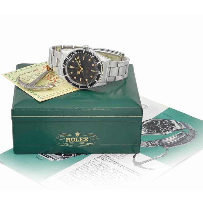 Rolex. A rare stainless steel automatic wristwatch with bracelet, blank Guarantee, brochure, anchor and box Signed Rolex, Oyster Perpetual, 100m=330ft, Submariner, Ref. 6536/1, case no. 229'727, circa 1957