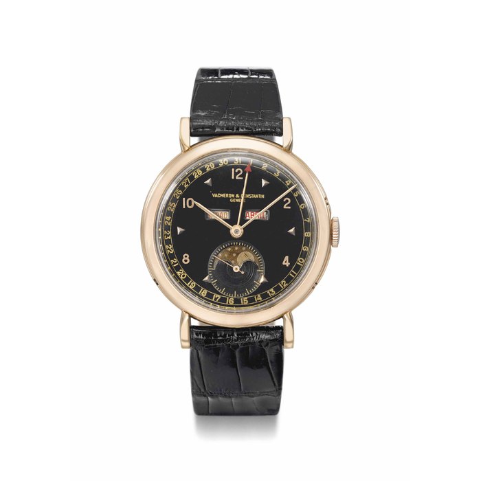 Vacheron Constantin. An attractive 18K gold triple calendar wristwatch with moon phases and black lacquer dial Signed Vacheron & Constantin, Genève, ref. 4241, movement no. 463'367, case no. 303'307, manufactured in 1947