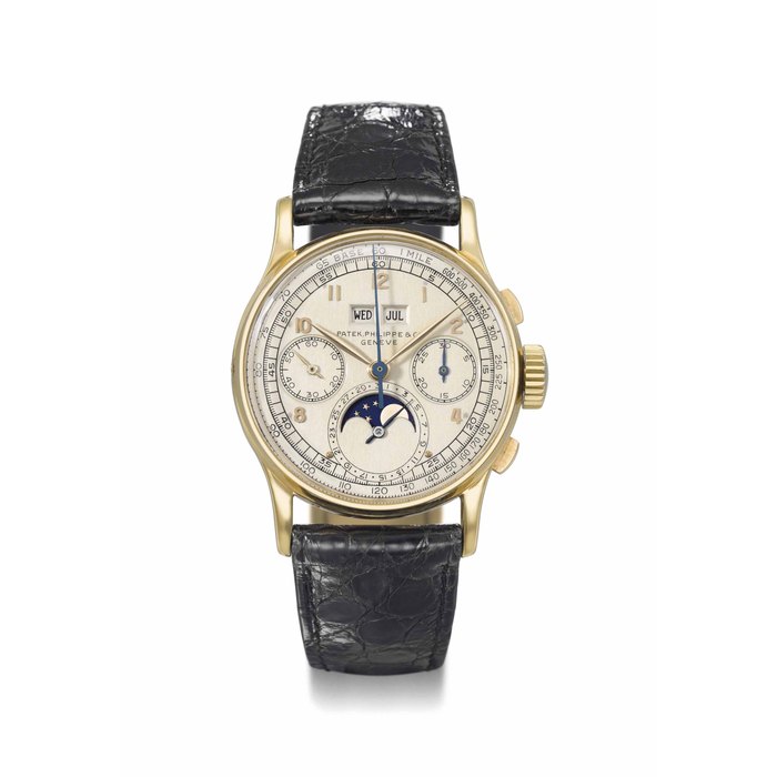 Patek Philippe. A very fine, rare and attractive 18K gold perpetual calendar chronograph wristwatch with moon phases Signed Patek, Philippe & Co., Genève, ref. 1518, movement no. 867'081, case no. 649'544, manufactured in 1947