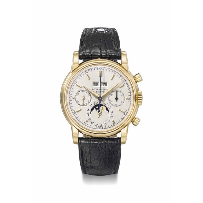 Patek Philippe. A very fine and rare 18K gold perpetual calendar chronograph wristwatch with moon phases Signed Patek Philippe, Genève, ref. 2499, third series, movement no. 869'489, case no. 2'700'441, manufactured in 1976