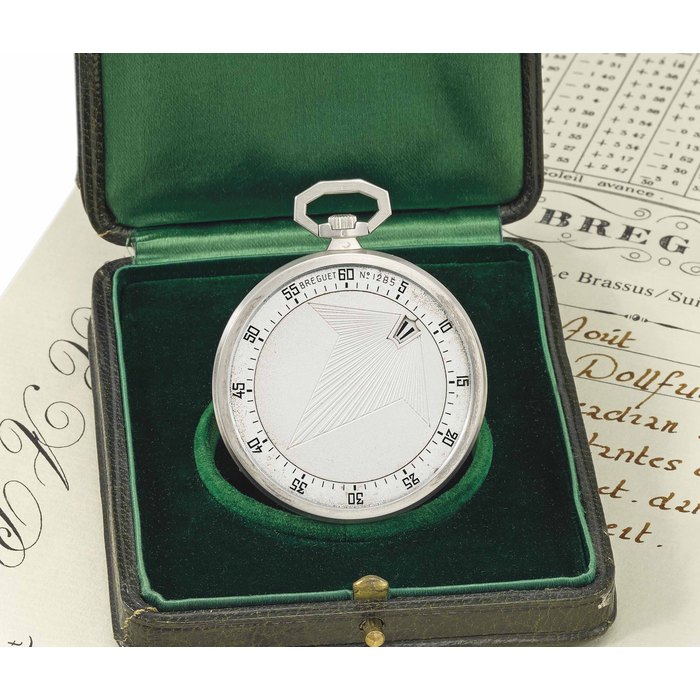 Breguet, No. 1285 “montre à cadran tournant portant les heures sautantes dans un guichet”. A fine and very rare 18K white gold and osmium openface jumping and wandering hour keyless lever dress watch with original Breguet green morocco box no. 1285 Signed Breguet, No. 1285, sold on 25 August 1926 to Jean Dollfus