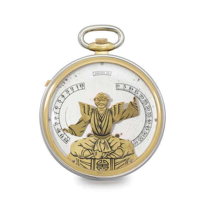Verger Frères, made for Grogan Co. A fine, rare and unusual 18K yellow gold and platinum openface "bras en l’air" keyless lever dress watch Signed Verger Frères, retailed by Grogan Co., movement no. 140'171, case no. 10'285, circa 1930