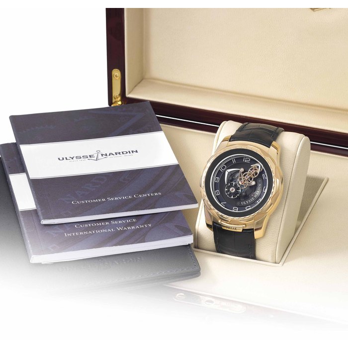 Ulysse Nardin. A fine 18K pink gold carrousel tourbillon wristwatch with dual direct escapement, Warranty and box Signed Ulysse Nardin, Freak Cruiser model, ref. 2056-131, no. 105, circa 2011