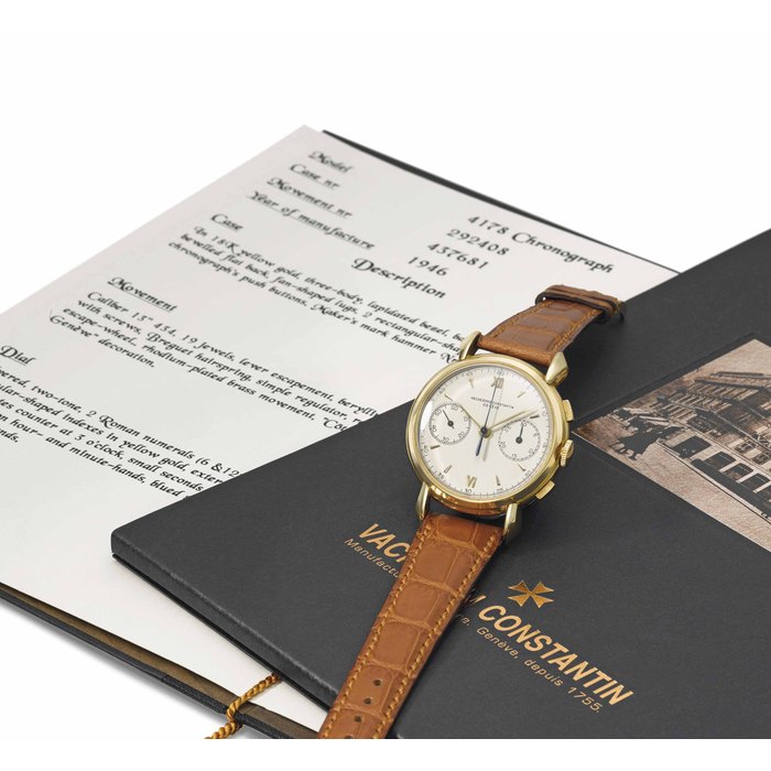 Vacheron Constantin. A fine, rare and attractive 18K gold chronograph wristwatch with certificate Signed Vacheron & Constantin, Genève, Ref. 4178, movement no. 437'681, case no. 292'408, manufactured in 1946