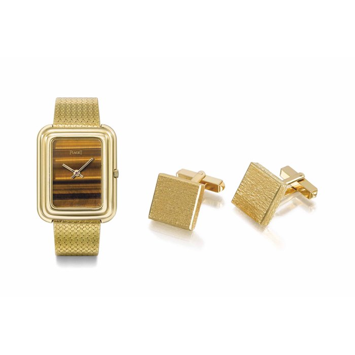 Piaget. A large and attractive 18K gold rectangular wristwatch with tiger's eye dial, bracelet and matching 18K gold cufflinks Signed Piget, ref. 14101 P2, case no. 204'691, manufactured in 1970