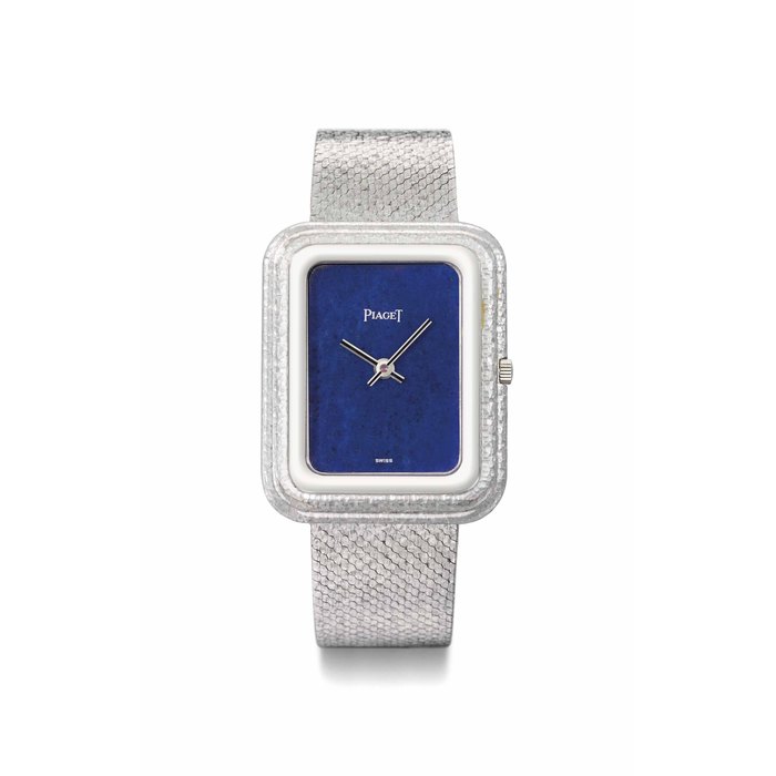 Piaget. A large and attractive 18K white gold rectangular wristwatch with lapis lazuli dial, bracelet and box Signed Piaget, ref. 14101 B 56, movement no. 721’655, case no. 242’772, manufactured in 1974