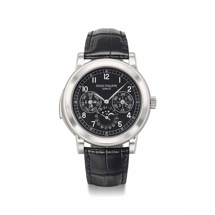 Patek Philippe Patek Philippe. A large, very rare and extremely fine platinum automatic "cathedral" minute repeating perpetual calendar wristwatch with moon phases, second case back and box Signed Patek Philippe, Genève, ref. 5074P, movement no. 5'000'616, case no. 4'565'079, manufactured in 2012, Price & Market Data