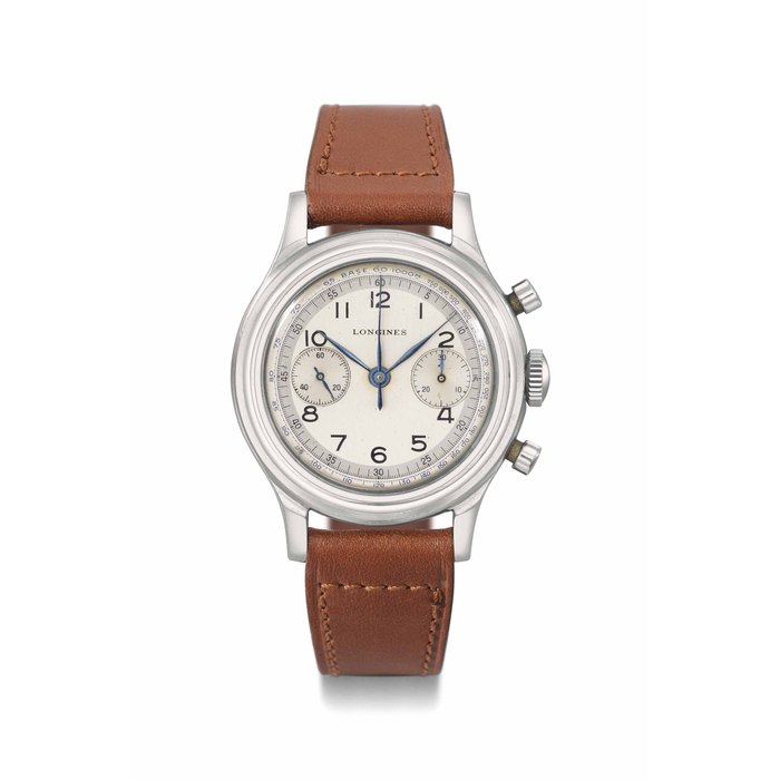 Longines. A very attractive and rare stainless steel flyback chronograph wristwatch with two-tone silvered sector dial Signed Longines, ref. 5415, movement no. 7'371'916, case nos. 23'432 and 284, manufactured in 1948
