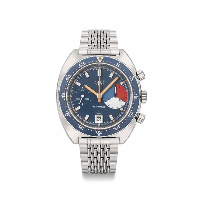 Heuer Leonidas. A rare and attractive and unusual stainless steel yacht timer chronograph wristwatch with date and bracelet Signed Heuer, Skipper, ref. 73463, case no. 263’565, circa 1972