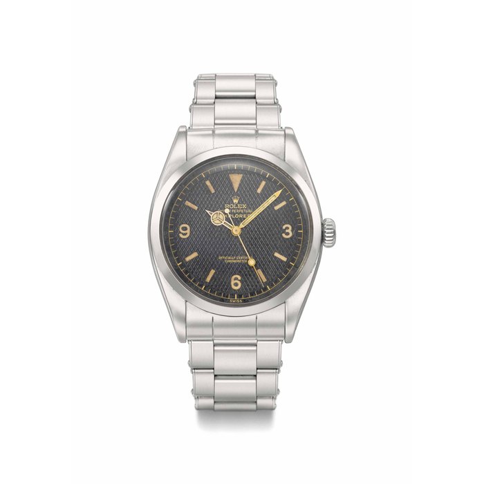 Rolex. A fine and extremely rare stainless steel automatic wristwatch with sweep centre seconds, honeycomb dial and bracelet Signed Rolex, Oyster Perpetual, Explorer, ref. 6350, case no. 955’636, manufactured in 1953
