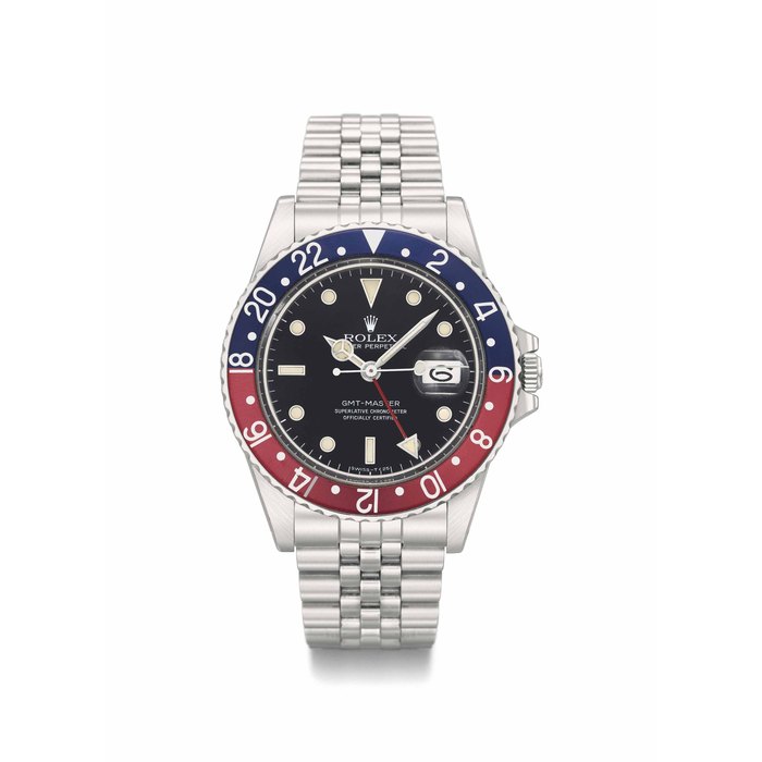 Rolex. A fine stainless steel dual time automatic wristwatch with sweep centre seconds, date, spider dial and bracelet Signed Rolex, Oyster Perpetual, GMT-master, ref. 16750, case no. 8’681’797, circa 1984