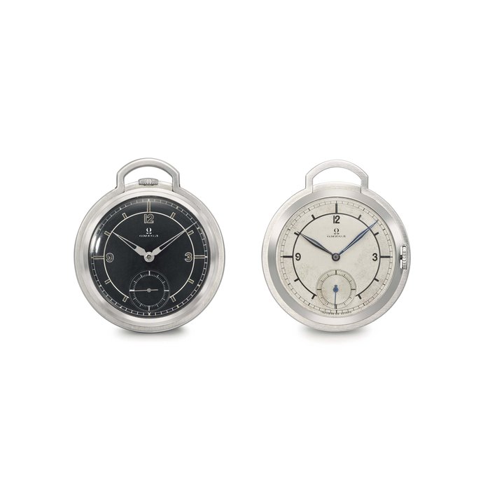 Omega. A lot of two fine stainless steel Art Deco open face watches with black and silvered dials Signed Omega, ref. CK124, Diplomat Models, movements no. 8’537’719 & 7’883’815, cases no. 9’300’019 & 8’884’815, manufactured in 1937 & 1936