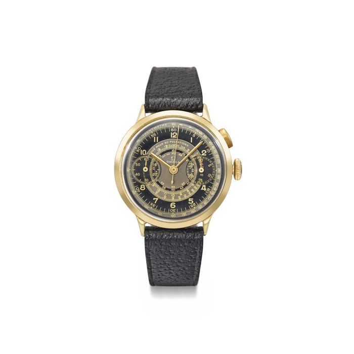 Omega. A very fine, large and highly attractive 18K gold single button chronograph wristwatch with black and grey multi-scale sector dial Signed Omega, movement no. 9'380'922, case no. 9'173'281, circa 1937