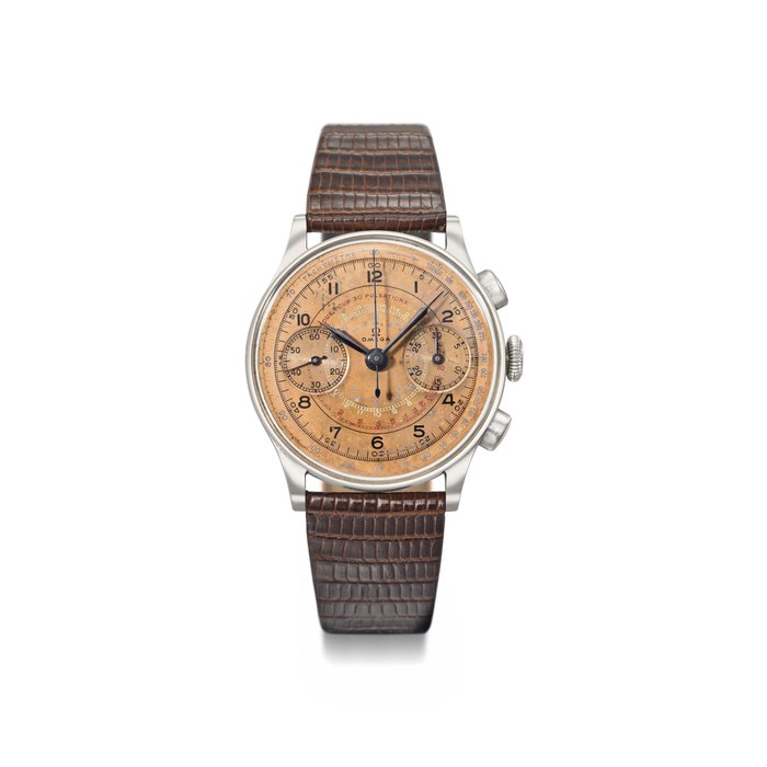 Omega. A very fine, attractive and large stainless steel chronograph wristwatch with pink multi-scale dial Signed Omega, ref. CK2092, movement no. 9’386’716, case no. 9’977’492, circa 1940