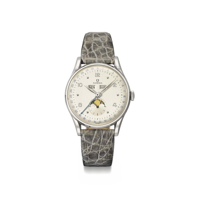 Omega. A fine stainless steel wristwatch with triple calendar and phases of the moon Signed Omega, ref. CK2471, movement no. 11’201’869, circa 1949