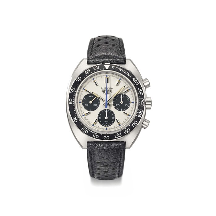 Heuer Heuer. A fine and large stainless steel tonneau-shaped chronograph wristwatch Signed Autavia, Heuer, Ref. 73663 “Siffert Colours”, case no. 201’063, circa 1972, Price & Market Data