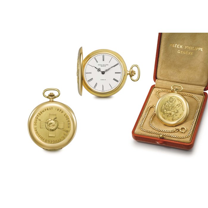 Patek Philippe. A very fine and rare 18K gold limited edition hunter case keyless lever watch with gold relief by Hans Erni, chain and original box, made for the 50th target shooting contest in Lucerne in 1979 Signed Patek Philippe, Genève, retailed by Gübelin, ref. 898, no. 81, movement no. 932'877, case no. 545'593, manufactured in 1979