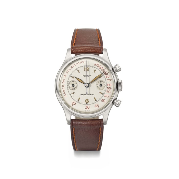 Universal. A large and attractive stainless steel chronograph wristwatch with red pulsometre scale Signed Universal, Geneve, Medico-Compax, movement no. 271’271, case nos. 1’212’184, 224’106, manufactured in 1945